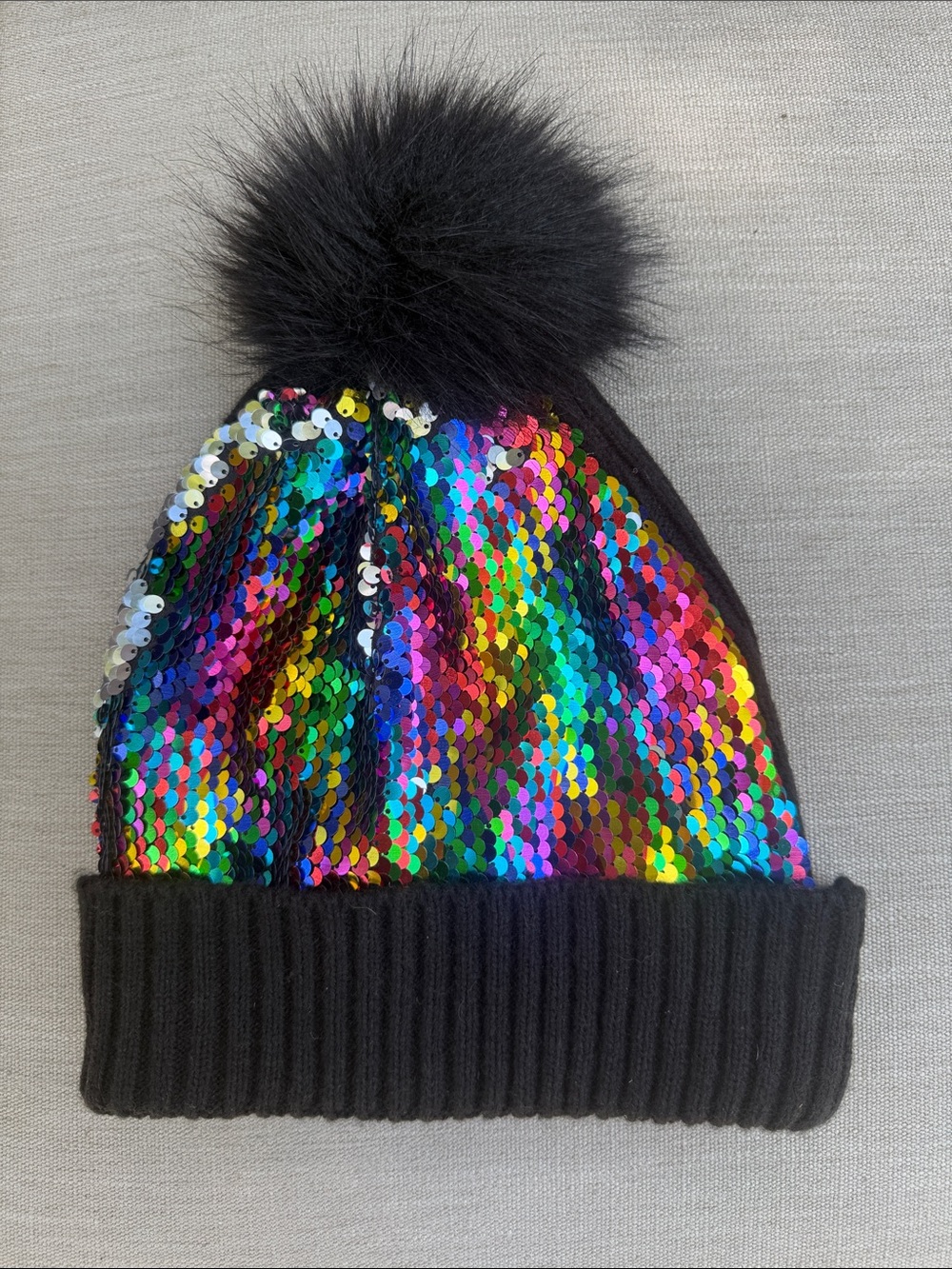 Kids Black Pom Pom Beanie with Rainbow Sequin Panel
